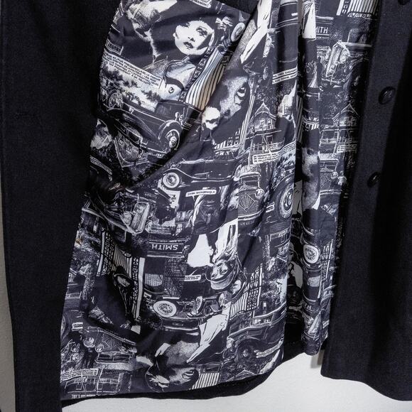 Alorna Wool Overcoat Graphic Lining Black Size L Dark Academia - Picture 7 of 14